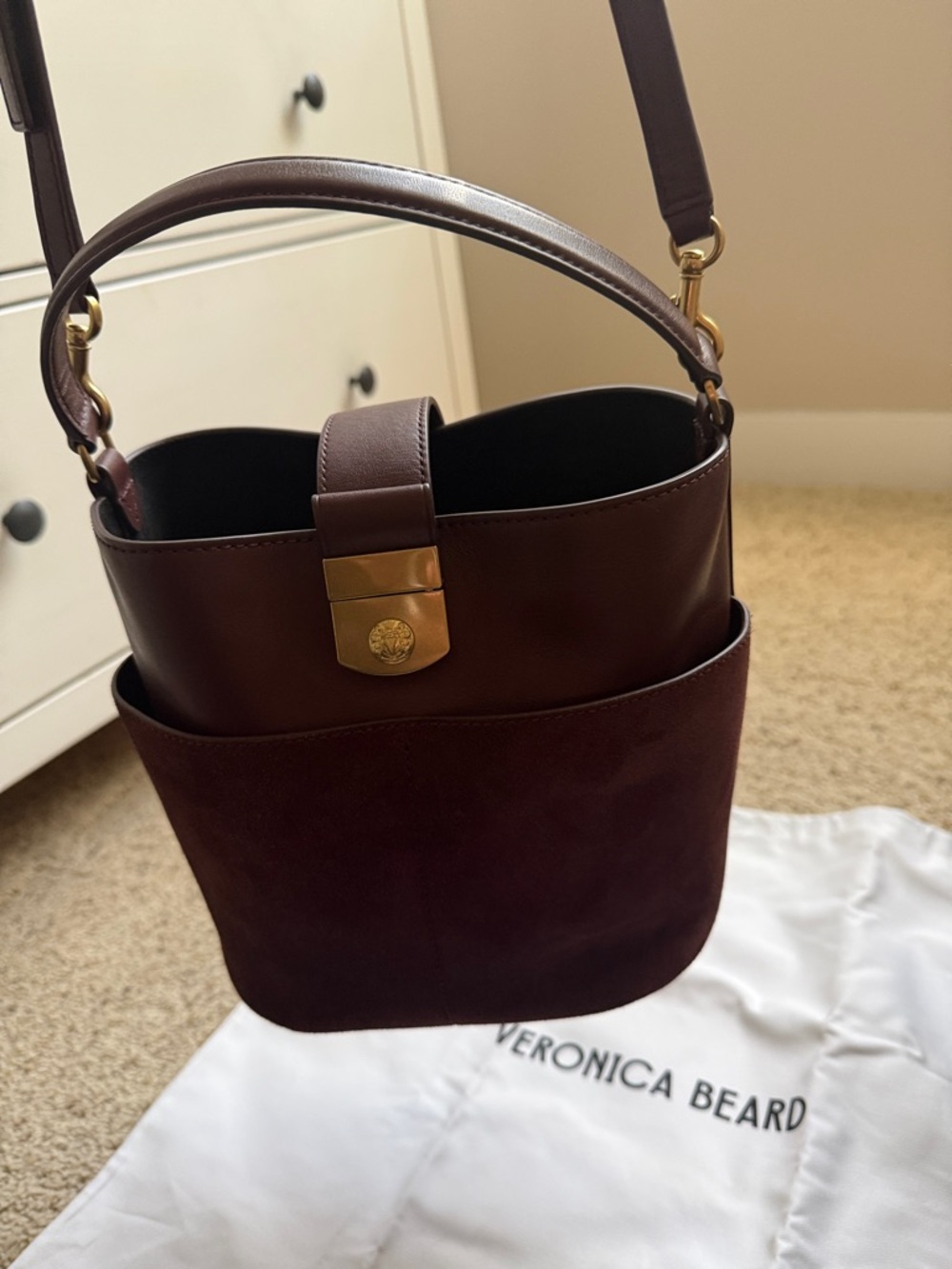 Leather & Suede Bucket Bag in Dark Brown - Classic Women's Handbag - Picture 2 of 8